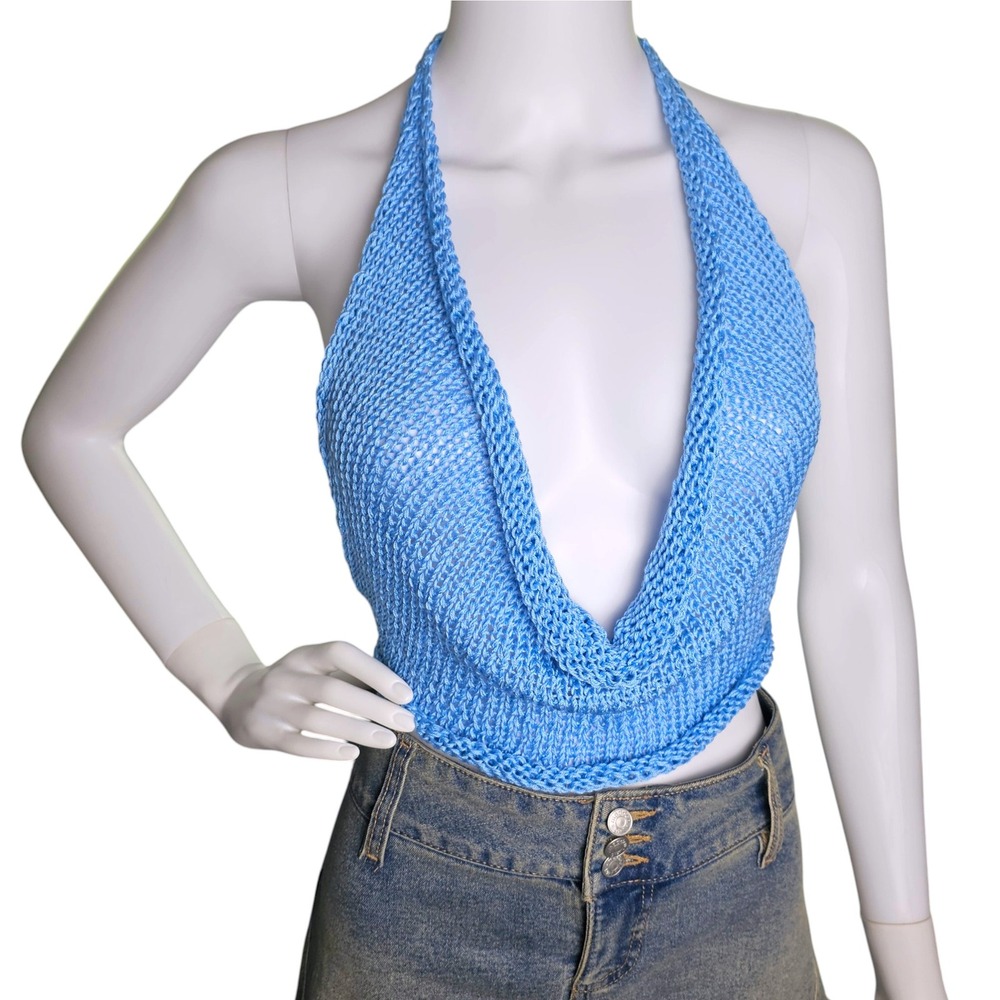 Handmade Knit Halter Top Blue, Small to Medium, Boho Festival Wear, Rave Clothes - Picture 7 of 8